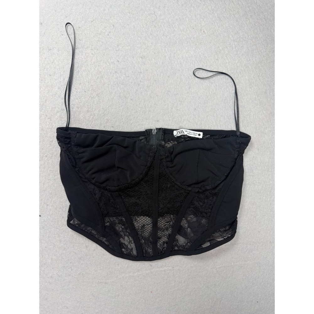 ZARA Black‎ Lace Corset Crop Top Bustier Zipper Straps Size S